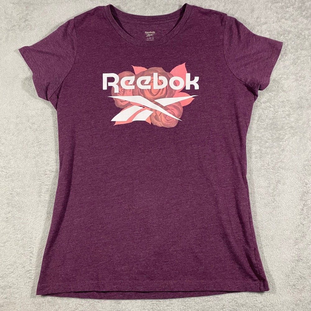 Reebok Graphic Tee Women Large Purple Rose Floral Logo Short Sleeve‎ Shirt